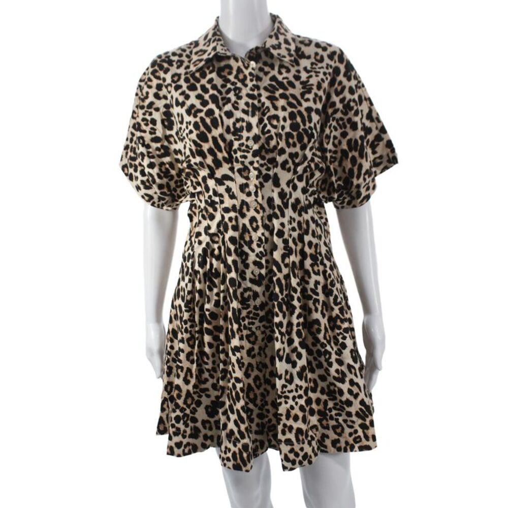 Exquise Women Shirt Dress Beige Collared Button Short Sleeve Leopard Size S
